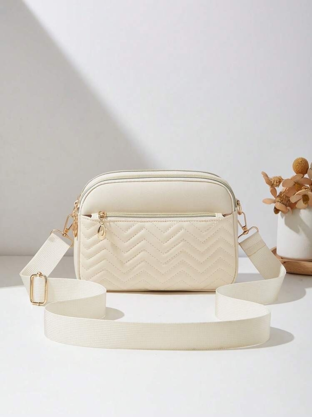 Cream / Nude Chevron Quilted Multi-Zip Crossbody Bag